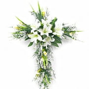 Easter Cross Wreaths for Front Door,20'' Artificial Spring Easter Lily Flowers Cross Wreaths with Green Leaf,Farmhouse Wreath for Indoor Outdoor Porch Window Decor